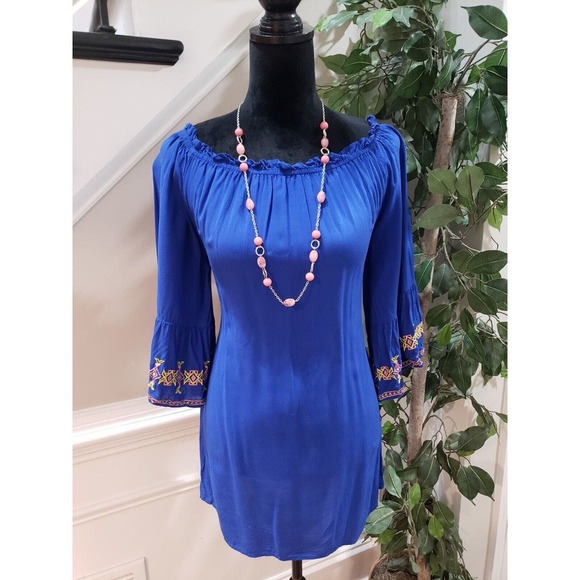 Umgee Women Blue Solid Polyester Scoop-Neck Long Sleeve Knee Length Dress Size S - Picture 1 of 12